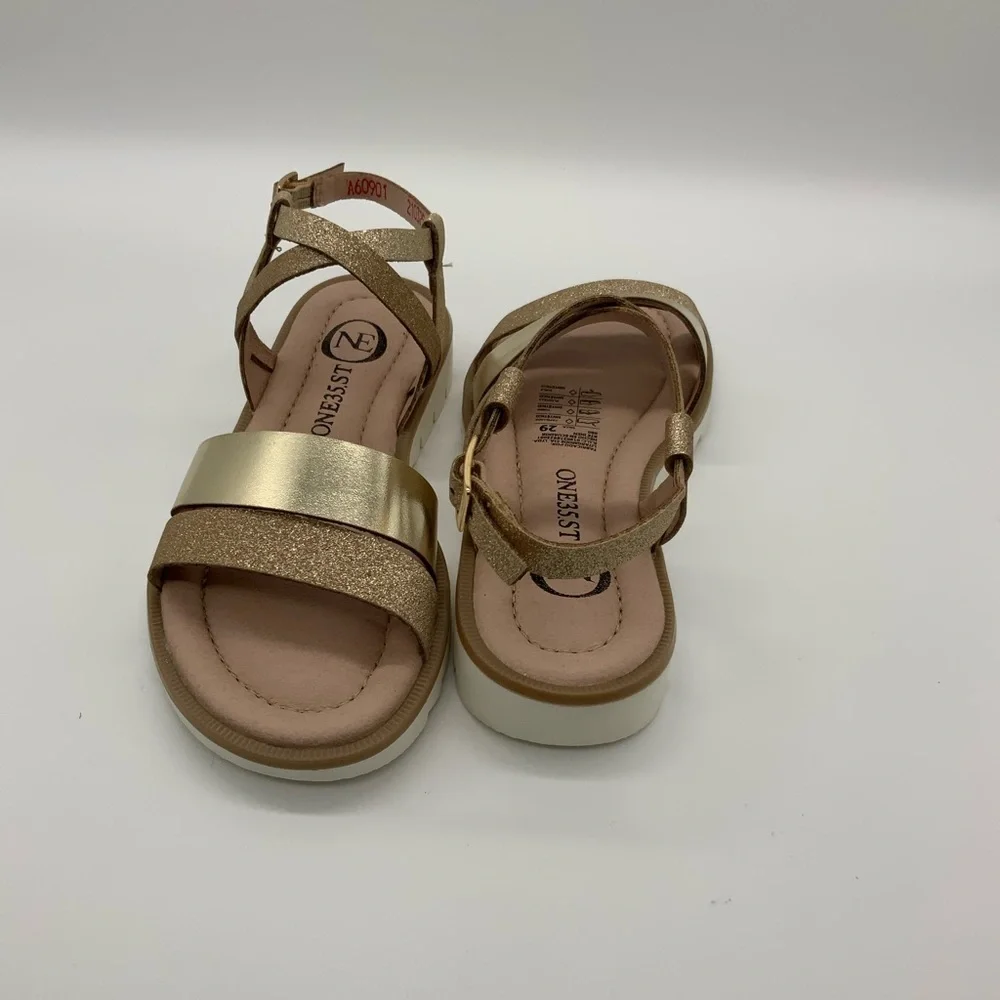 One35 Ankle Strap Sandals ,S.Escarcha Dorado Vegan Leather. Various Size